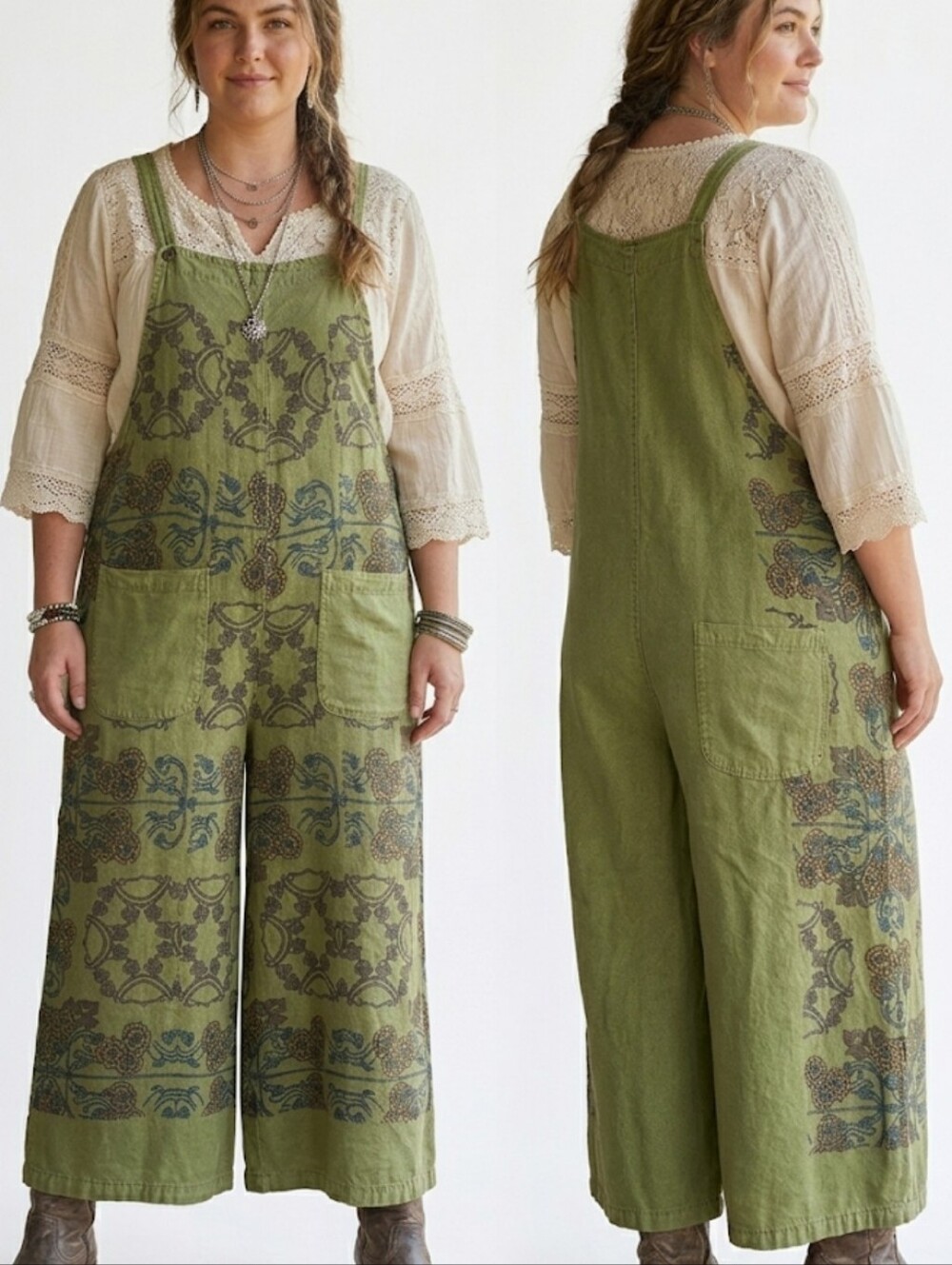 Large Boho Country Floral Print Wide-Leg Jumpsuit Overalls Sage Green Olive